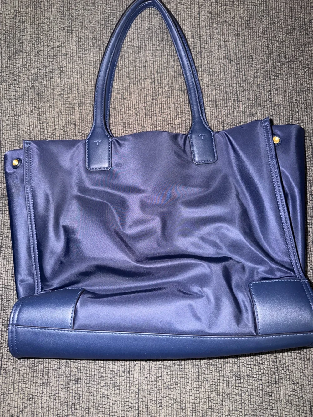 Tory Burch Navy Logo Tote with Leather Trim